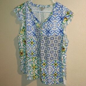 Hester And Orchard Linen Blend Pullover 1/4 Button Up Short Sleeve Top L